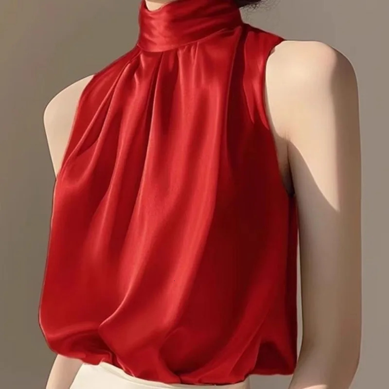 2025 Silk Satin Sleeveless Crop Top Summer Half Turtle Collar Womens Folded Tshirt Sleeve Vest Loose Shirt Red Party 250422