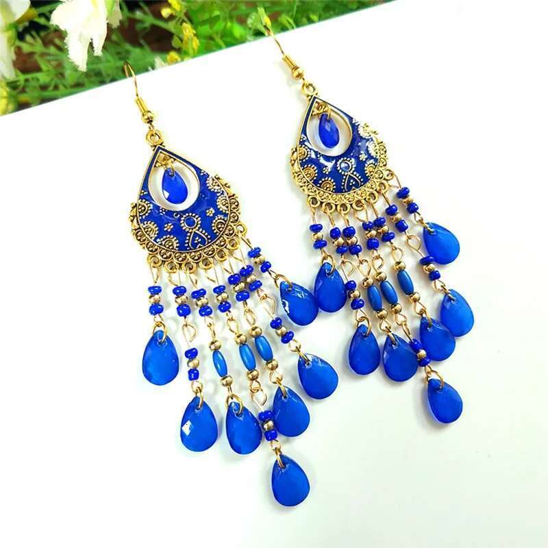 Bohemian Long Acrylic Waterdrop Tassel For Women Ethnic Multicolor Bead Drop Oil Handmade Dangle Earrings Boho Jewelry