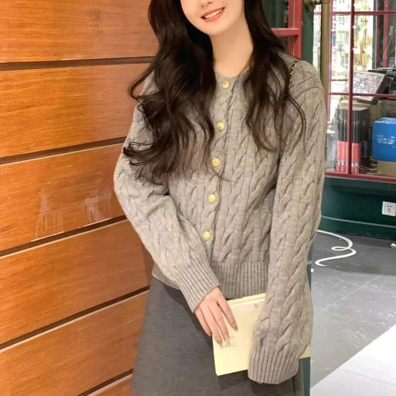 fashion Vintage Long Sleeve Cardigan Women Sweater O-neck Elegant Knitted Top Fashion Autumn Grey Knitwear fashion clothing women