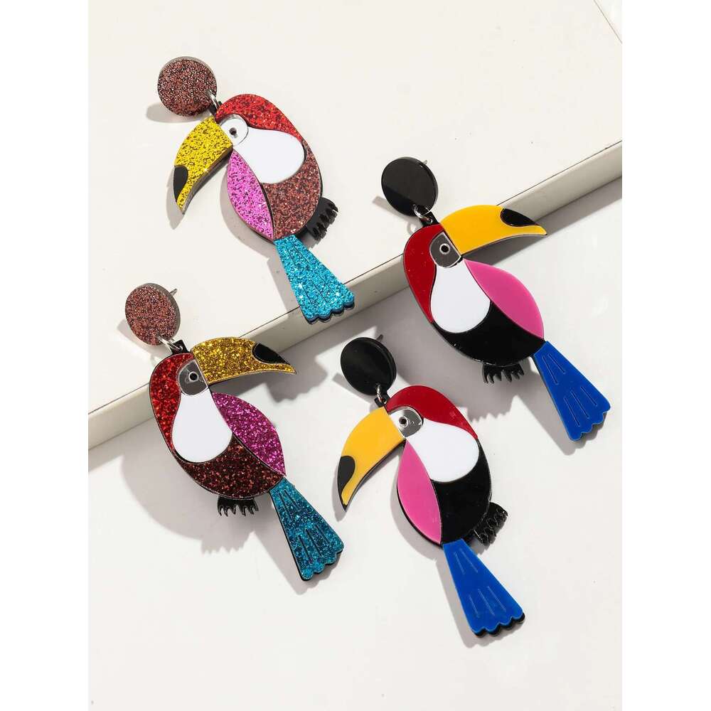 Lovely Glitter Acrylic Spliced Parrot Dangle For Women Creative Colorful Animal Birds Earrings 2024 Trend Jewelry
