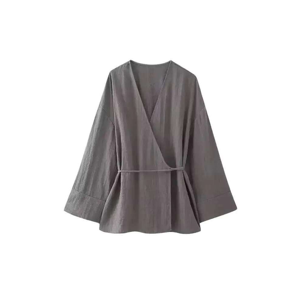 Trza-Women's Textured Crossover Kimono Blouses, Side Ties, Long Sleeves, Loose, Female Shirts, Chic Tops, Fashion