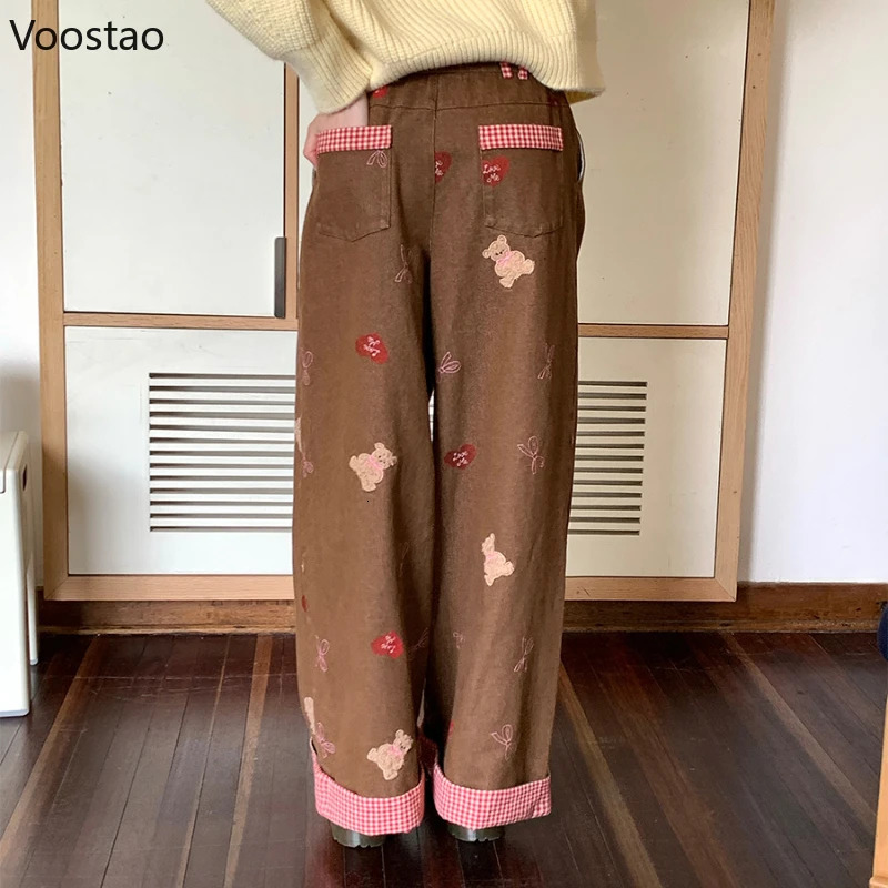 Harajuku Y2k lace high waisted jeans for women sweet cartoon bear embroidery plain weave wide leg denim pants 250423