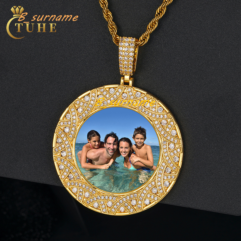 Hot Sale Engrave Gold Plated 5A Zircon Diamond Iced Out Custom Round Shape Photo Pendant