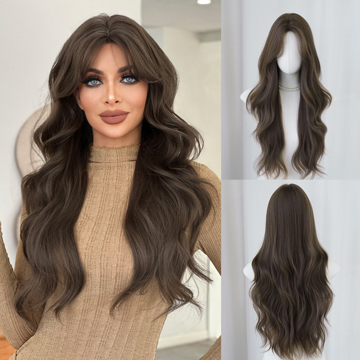 Chinese 2025 zodiac bangs long curly hair wig full head cover round face for women commonly used synthetic wave wig