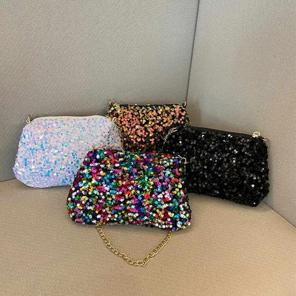 Solid color sequin cross body bag simple chain INS small square bag handbag armpit bag night clutch bag 250425