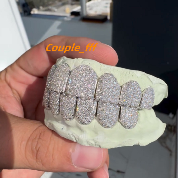 Personalized Buss Down Big Stone Grillz 925 Sterling Silver 10 on 10 Fang Iced Out Vvs Moissanite Diamond Grillz for Men Teeth
