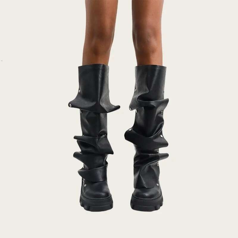 New Designer Comfortable Thick Soled Fashion Pleated Shoes Women Snap Button Mid Calf Boots