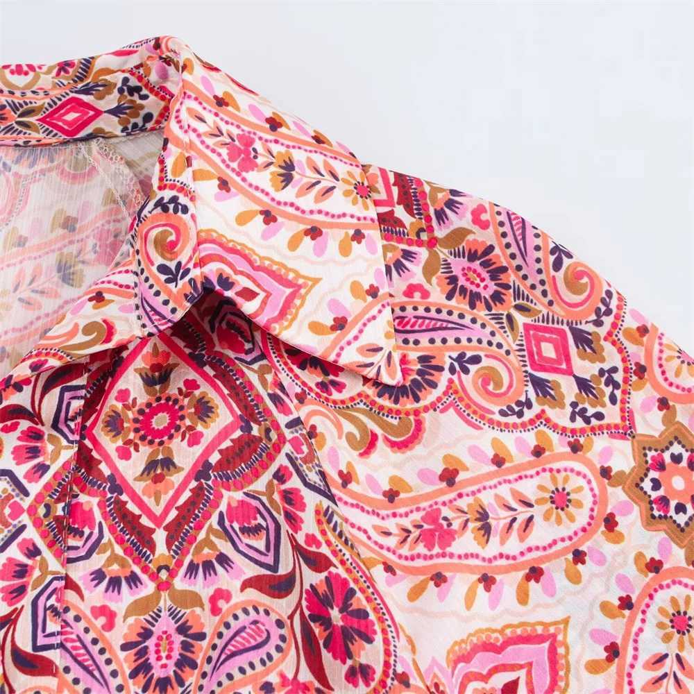 BM MD ZA Womens Long Sleeve Skirt with Classic Collar Full Pink Paisley Print and Fashionable Brown Belt W250430