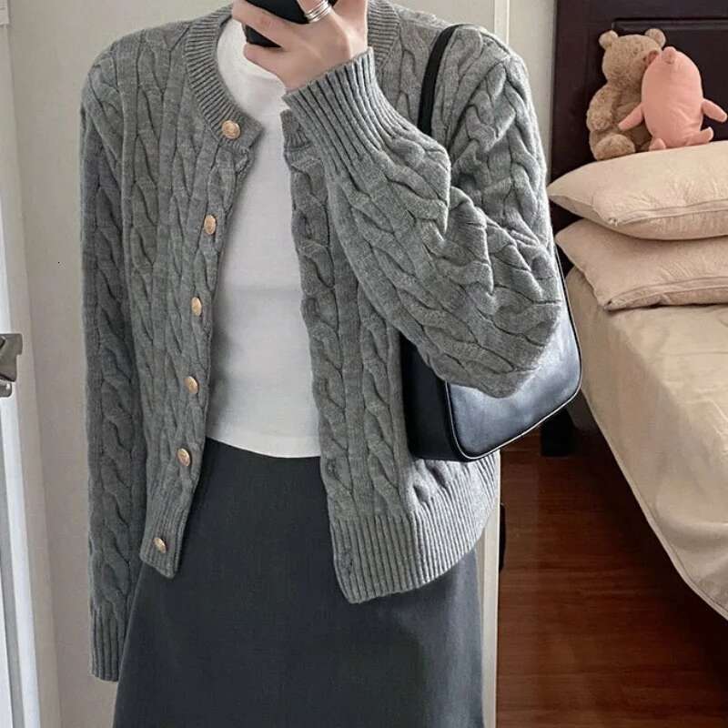 fashion Vintage Long Sleeve Cardigan Women Sweater O-neck Elegant Knitted Top Fashion Autumn Grey Knitwear fashion clothing women