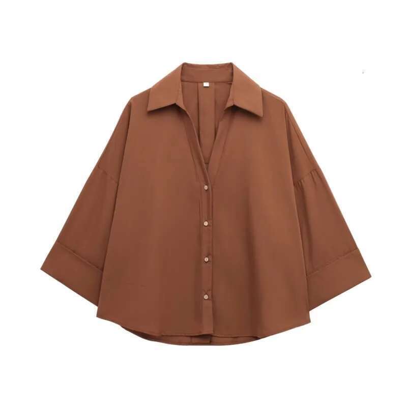 Women Wide Sleeved Shirt Spring Casual Poplin Button V Neck Women's Simple Lady Asymmetric Hem Shirts & Blouses