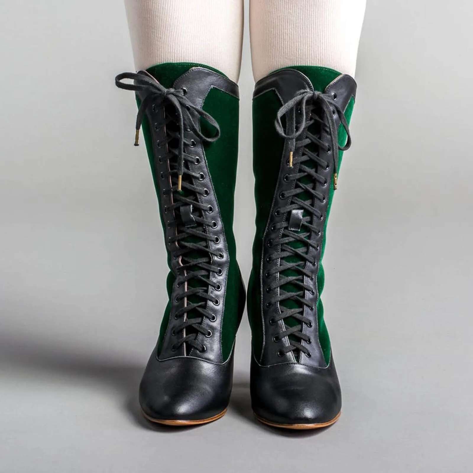 Vintage Block Heel Long Green Lace Up Women's Fashion Cute Cat Motif For Autumn Mid Calf Winter Boots