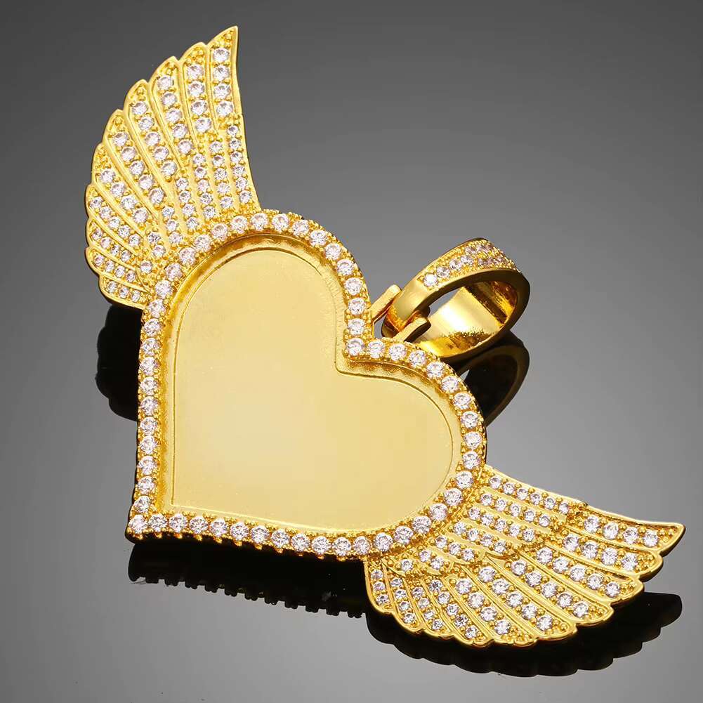 Sublimation Jewelry Bling 50mm Gold Plated Brass AAAAA CZ Diamond Iced Out Heart Wing Custom Photo Pendant Picture Necklace