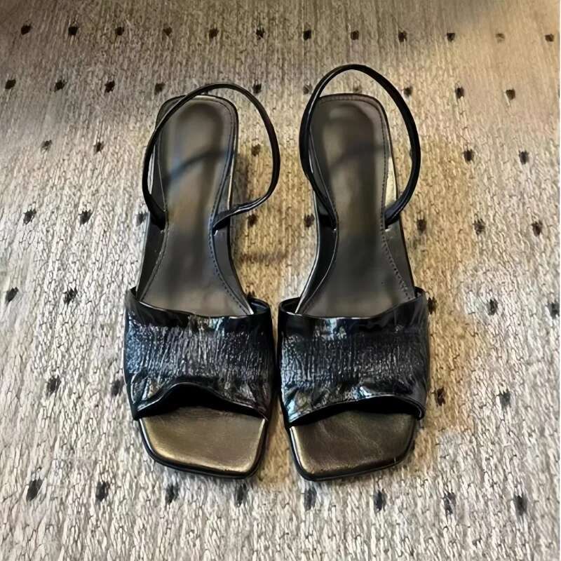 One Strap Wrinkle Design Women Open Genuine Low Sandals Fashion Party Dress Square Heel Pumps Office Shoes