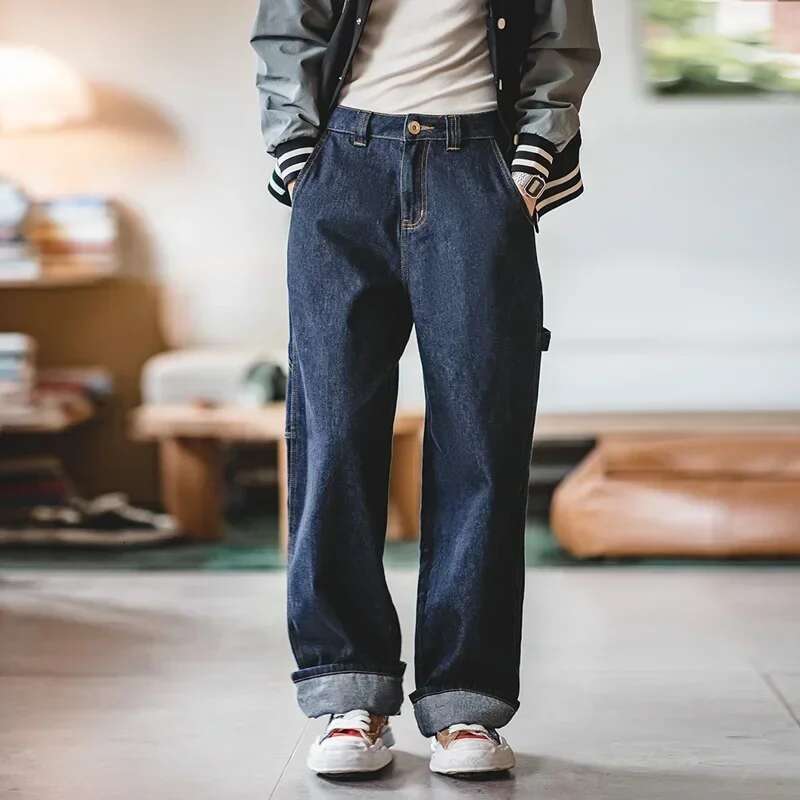Maden Women's Dark Blue Denim Jeans Vintage Straight-leg Wide-leg Loose Fit Casual Pants Elastic Waist Cuffed Oversize Trousers