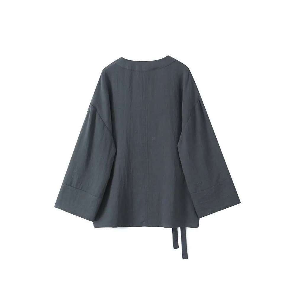 TRZA Women's Fashion Side-Tied Wrap Kimono Blouse Mid-Elastic Waist Flowing Trousers Set Elegant Casual Outfit