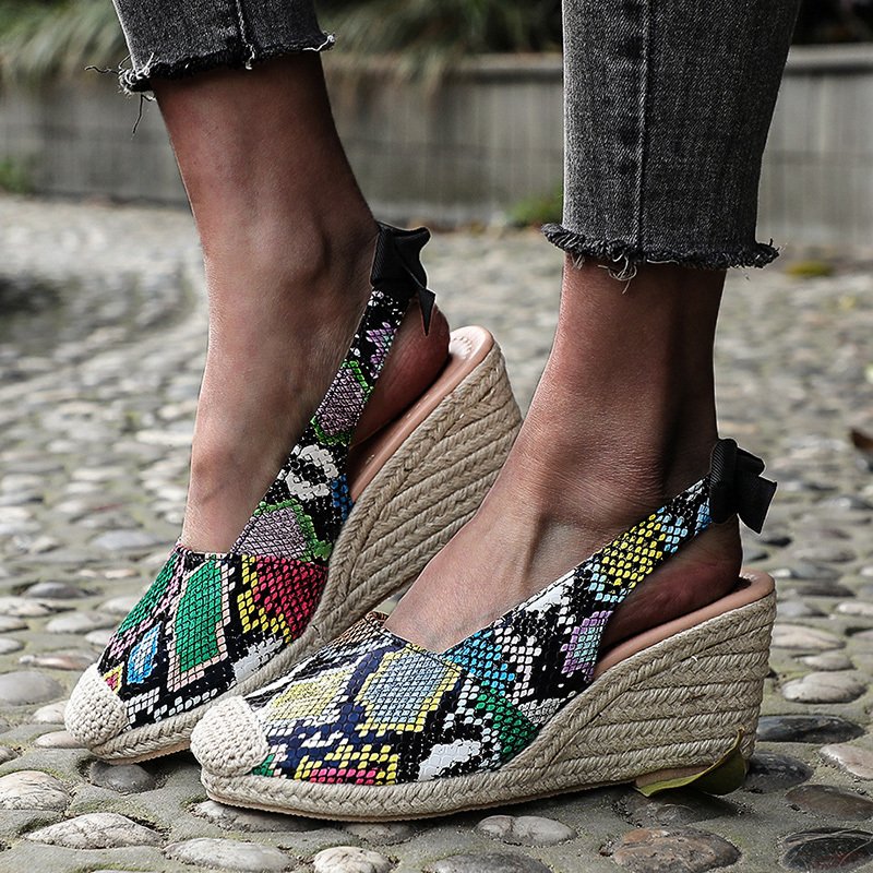 Wedges 8cm Sandals for Women Closed Toe Bandage Espadrille Stylish Shoes Snake Patterned Sloping Heel Women's Shoes Summer Fashion Casual High He