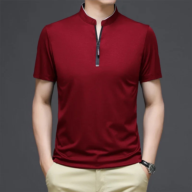 mens casual fashion solid color short sleeved polo shirt stand up collar version comfortable top 250428