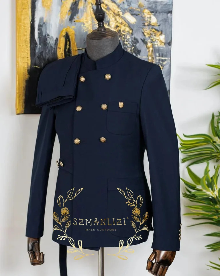 Formal mens 2piece jacket pants full set double chest frame collar blue custom clothing 250428