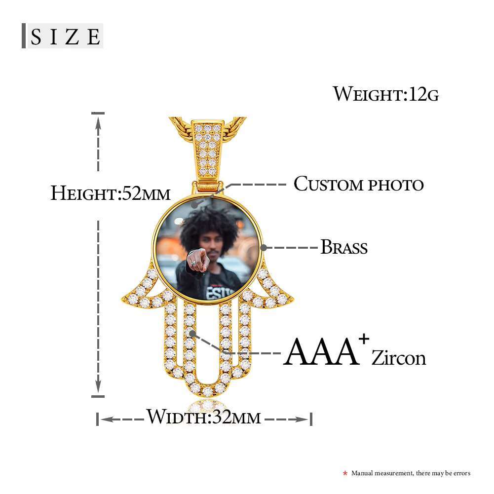 Memory Jewelry 32mm Gold Plated Brass AAAAA CZ Diamond Iced Out Hamsa Hand Custom Picture Necklace Pendant With Chain