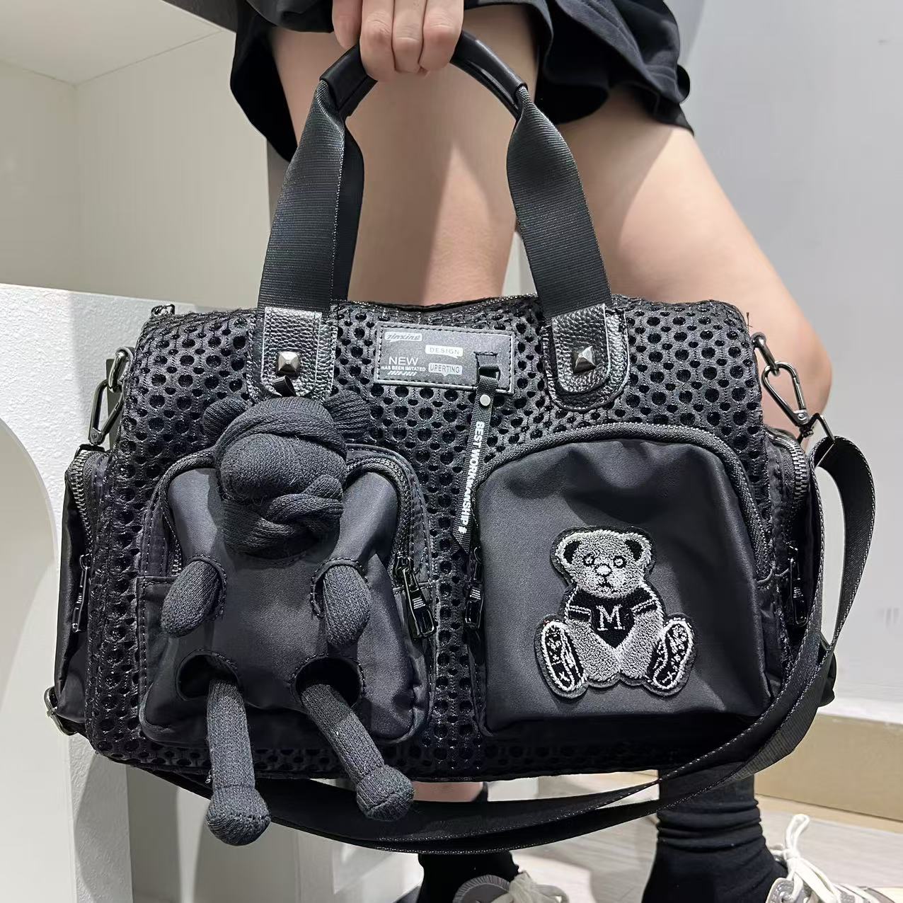 Ladies' fashionable teddy bear handbag with multiple pockets, patchwork fabric doll, single shoulder diagonal cross bag