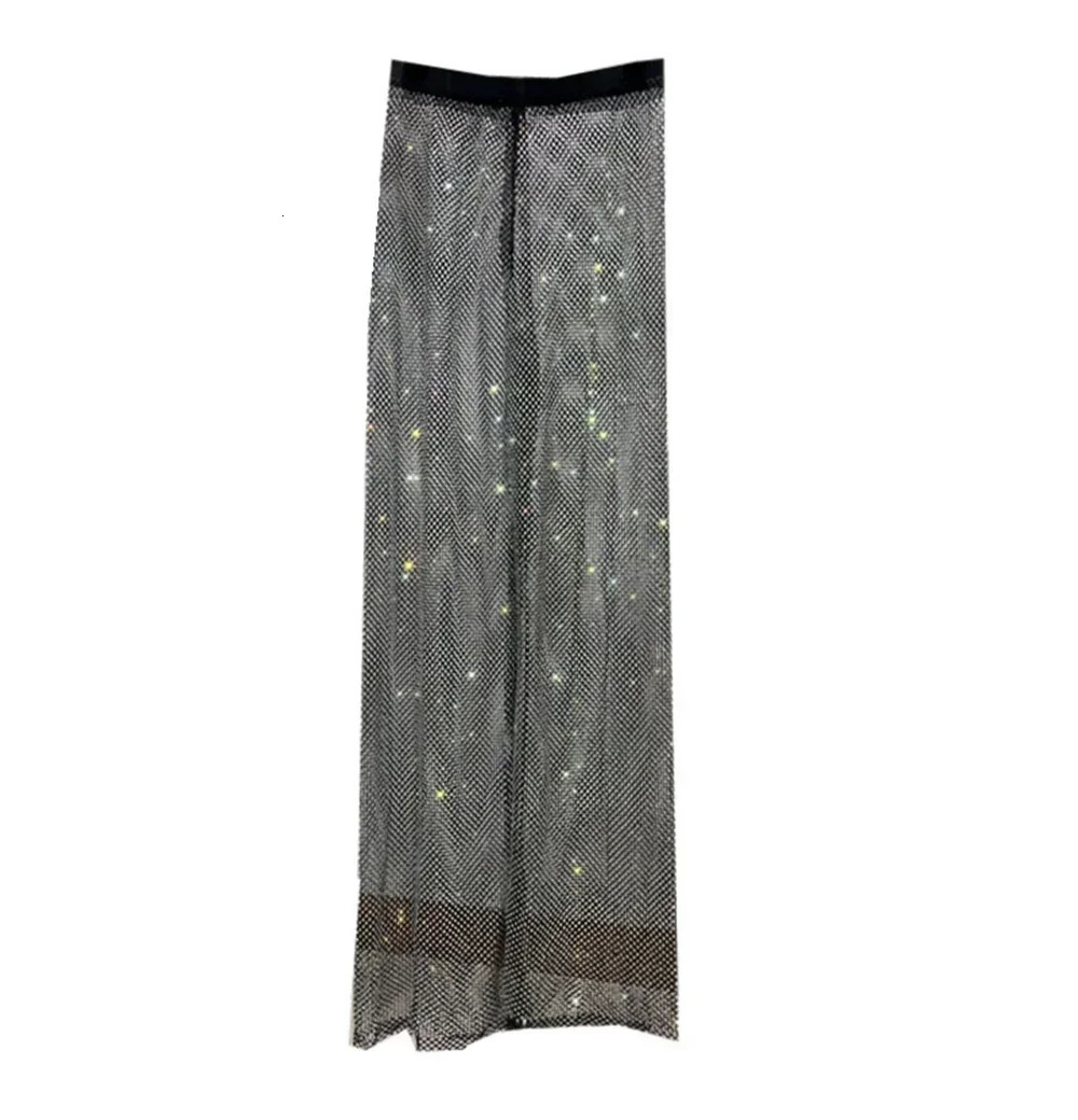 Black Trouser Y2k Pants Club Party Womens Sexy Cut AB Diamond Sparkling Mesh Legs Ultra Thin Fit 250428
