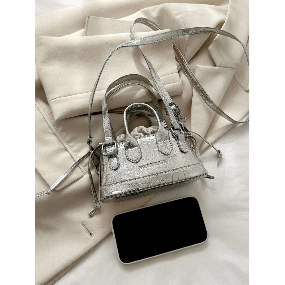 Lightweight Business Casual Mini Metallic Crocodile Emed Bucket Drawstring Design Novelty Bag For Teen Girls Women