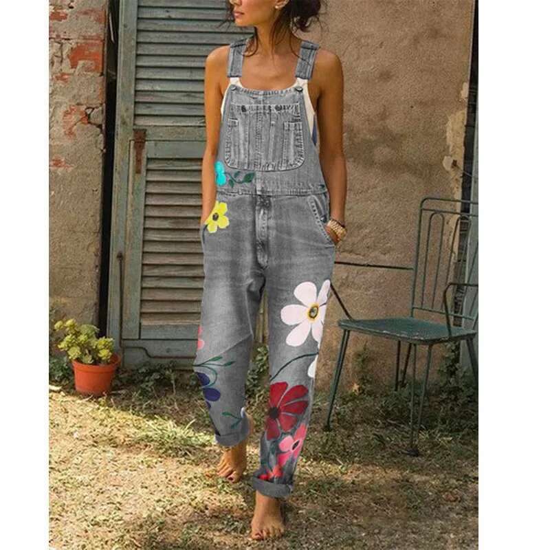 Overalls Women Jeans Long Pant Denim Pants Floral One Piece Suspenders Straight Trousers Splice High Waist Casual Autumn