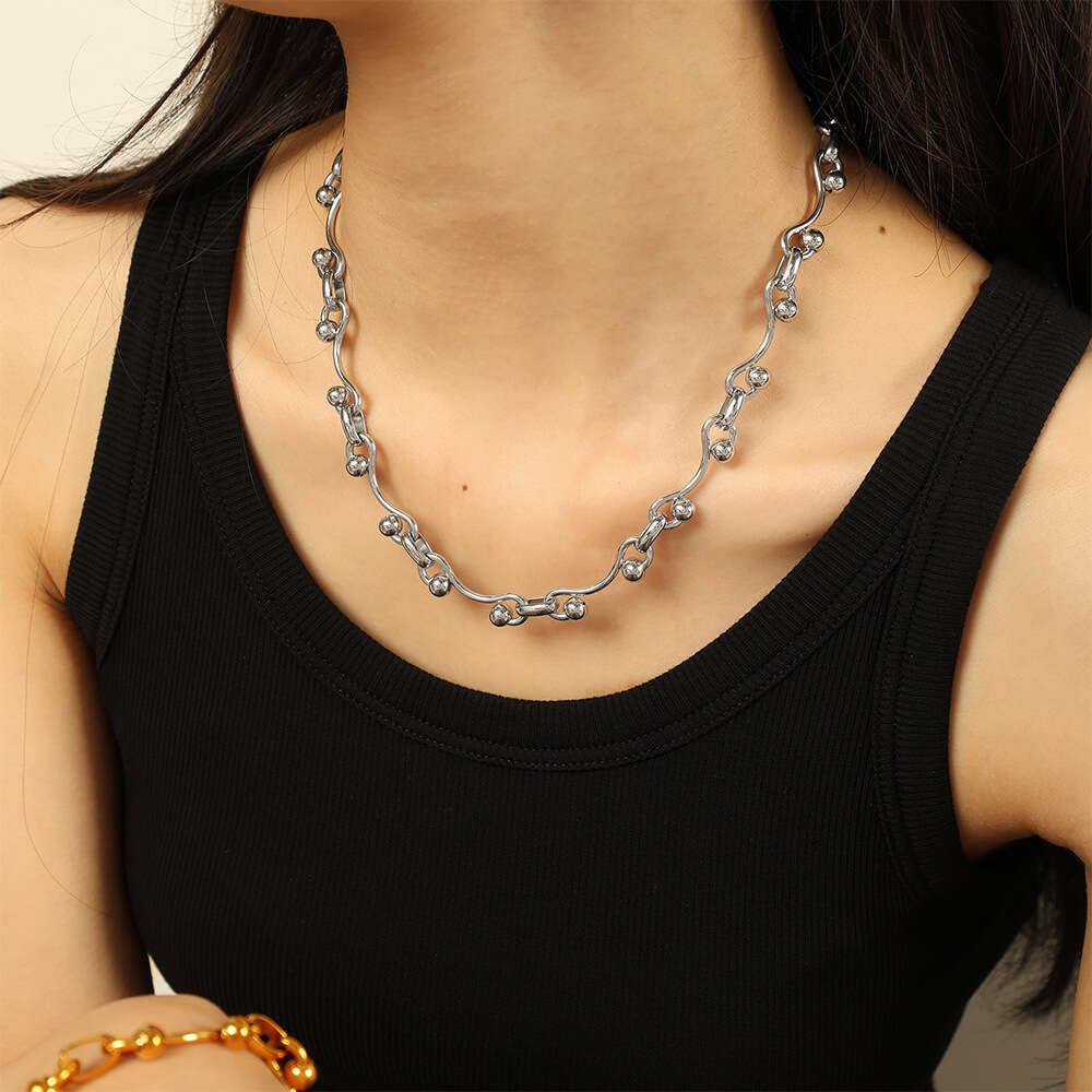 Fashionable Bracelet Necklace Set With Gold-Plated Titanium Steel Exaggerated Design, Versatile For Men And Women's Bracelets