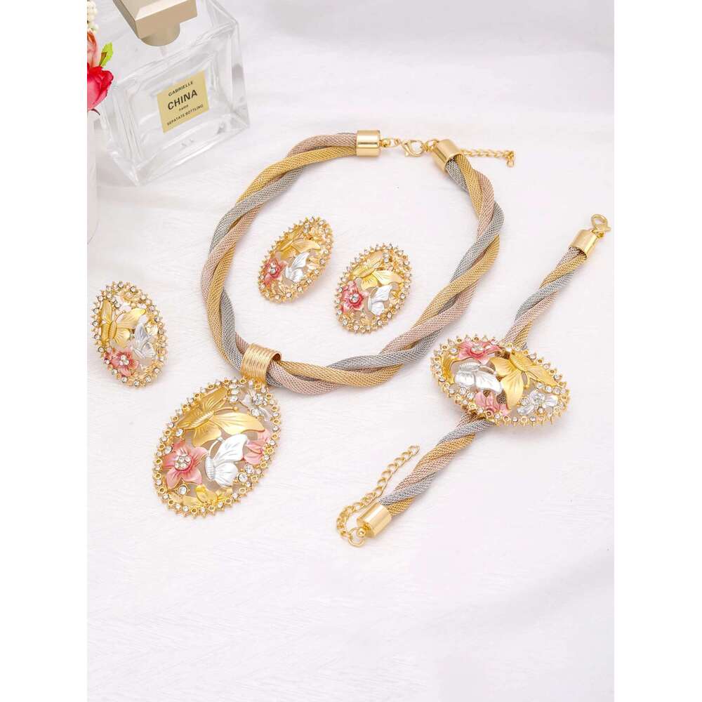 Butterfly African Necklace Dubai Gold Plated Jewelry Set For Women Wedding Bridal Travel Party Bracelet Earrings Ring