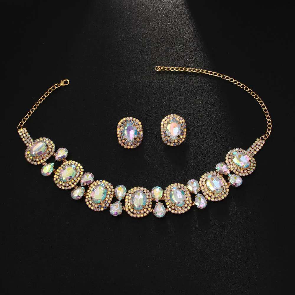 Elegant Boho Round Crystal Jewelry Piercing Wedding Gift For Bridal Bling Geometric Rhinestone Necklace Earring Set Party