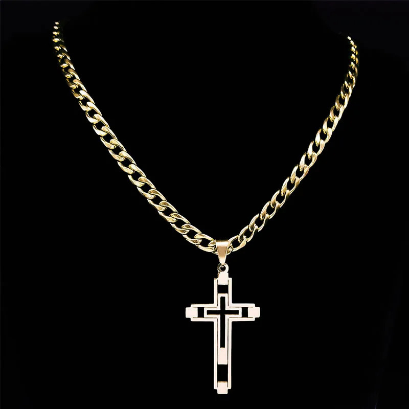 Hip Hop Cross Stainless Steel Chain Necklaces Gold Color Long Pendant Necklace for Women/Men Jewelry collier homme N6055S05 250428