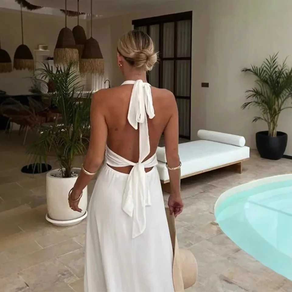Womens strapless backless white Maxi dress lace tie high waist split style holiday long gown elegant club party vest W250430