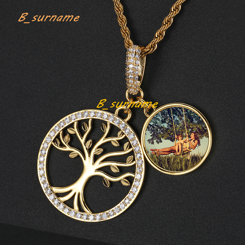 Hot Hiphop Jewelry 18K Gold Plated Brass 5A Zircon Icedout Tree of Life Memory Photo Pendant for Men Women
