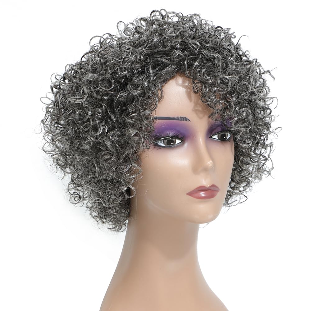 Elegant Silver gray salt and pepper human hair wigs without lace grey wigs kinky curly natura machine made short bob glueless