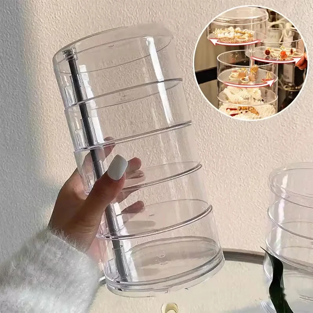 1Pc Stylish Large Capacity 2/3/4/5 Layers Rotating Jewelry Storage Box For Women Transparent Desktop Organizer Dust-proof Hair 250428