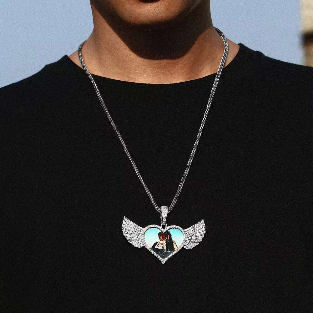 Sublimation Jewelry Bling 50mm Gold Plated Brass AAAAA CZ Diamond Iced Out Heart Wing Custom Photo Pendant Picture Necklace