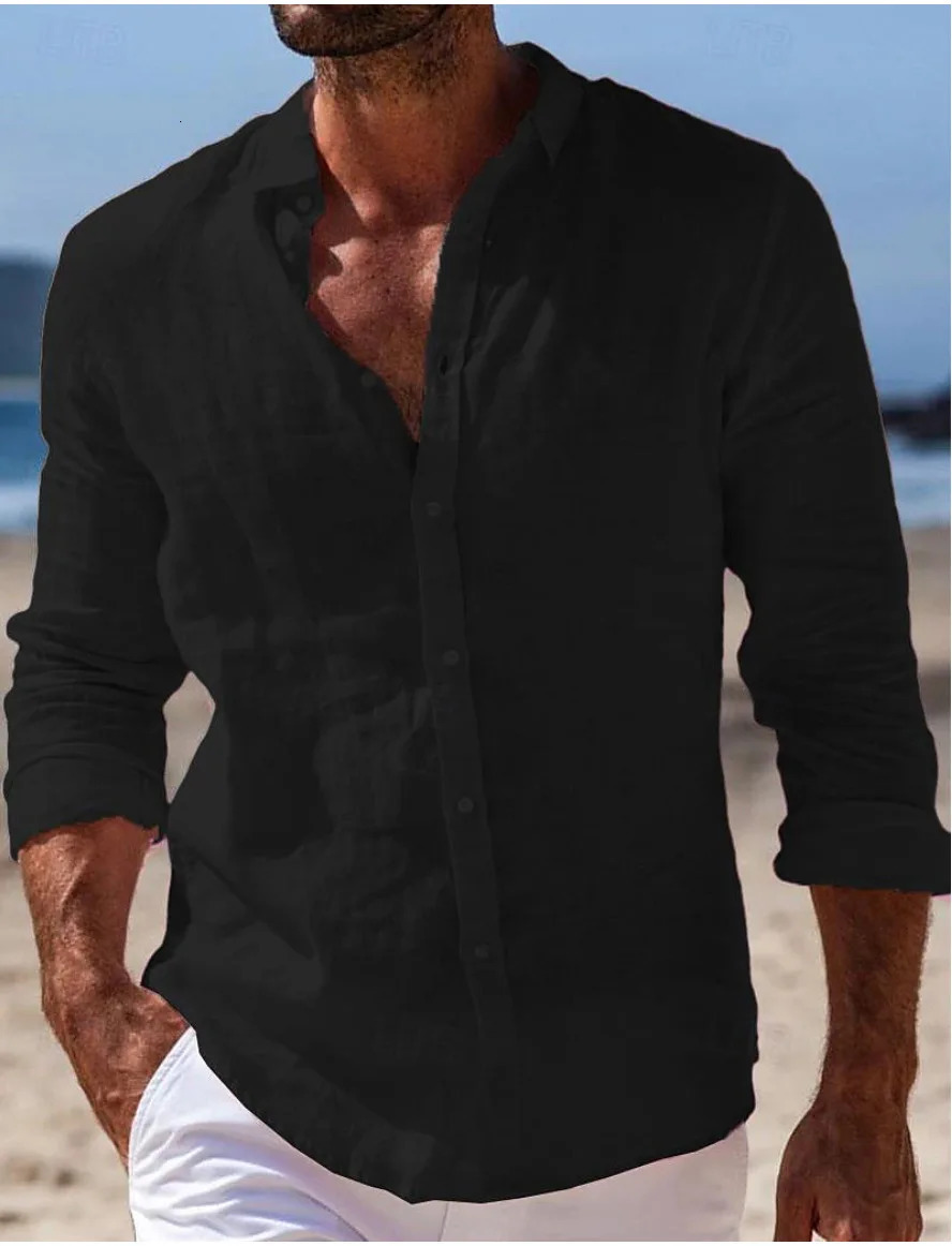 Spring and summer mens button up long sleeved plain collar crossover spring casual Japanese clothing 250427