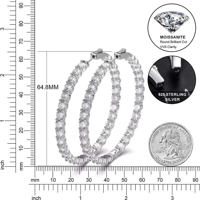Dropshipping Luxury 15.5ct VVS Moissanite Diamond Big Hoop Earrings 65mm 925 Sterling Silver Ear Loop Weddings Jewelry