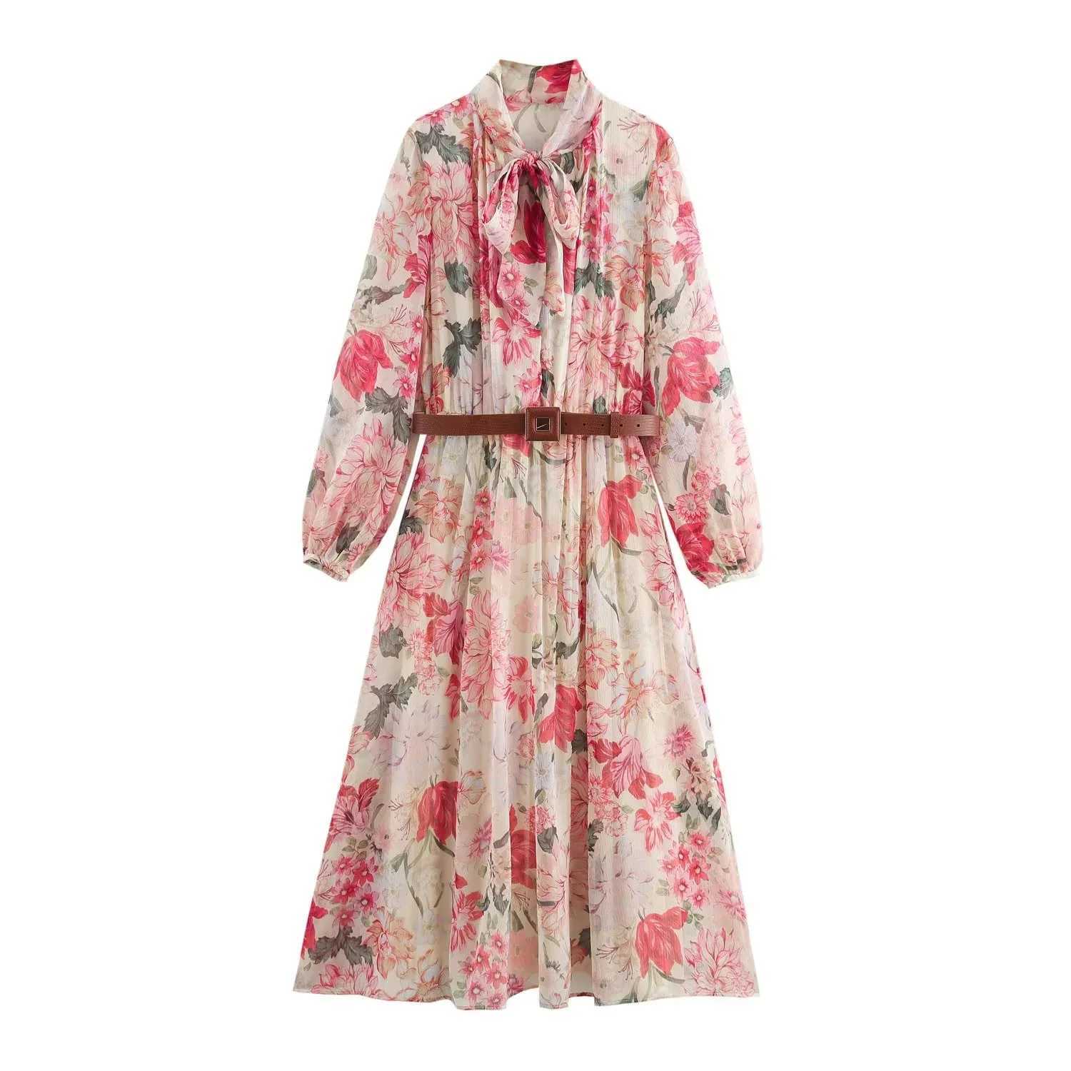 Fashion printed chiffon dress with loose V-neck long lantern sleeves pleated dress for women in summer 2025 womens colorful long robe W250430