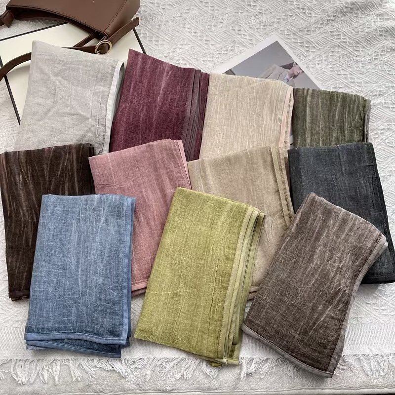 T608 Korean temperament Chunda cotton and linen feel scarf accessories 2025 spring and autumn new retro natural wrinkled hem silk scarf female