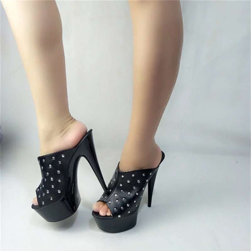 Fish Mouth Thick Soled Heels Metal Slip on Sandals Super High Heel Women Sexy Dance Shoe Slippers Platform Pole Dancing Sh