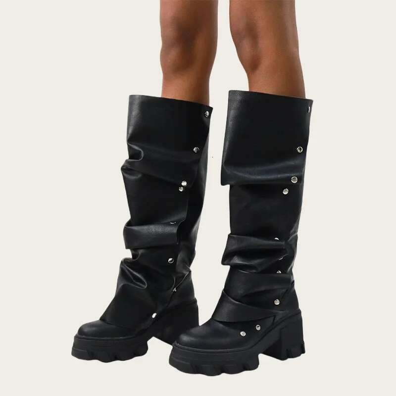 New Designer Comfortable Thick Soled Fashion Pleated Shoes Women Snap Button Mid Calf Boots
