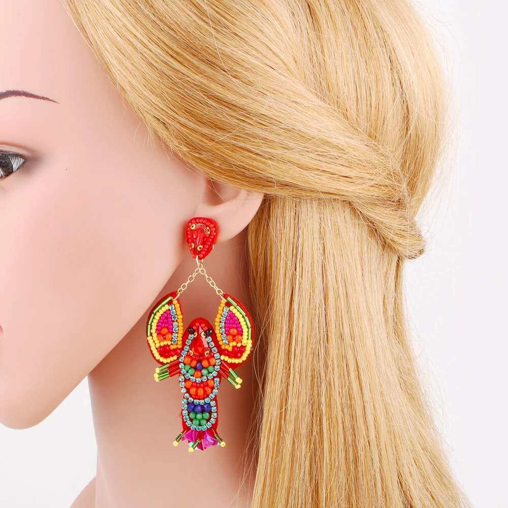 FLOLA Multicolor Lobster Raffia Beads Big Drop For Women Red Crystal Handmade Beaded Earrings Bohemian Jewelry Ersv63