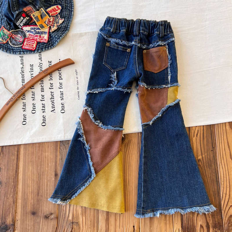 childrens Clothing Childrens Second-hand Irregular Splicing Denim Bell Bottom Pants Spicy Girl Pants Y2504302TCY