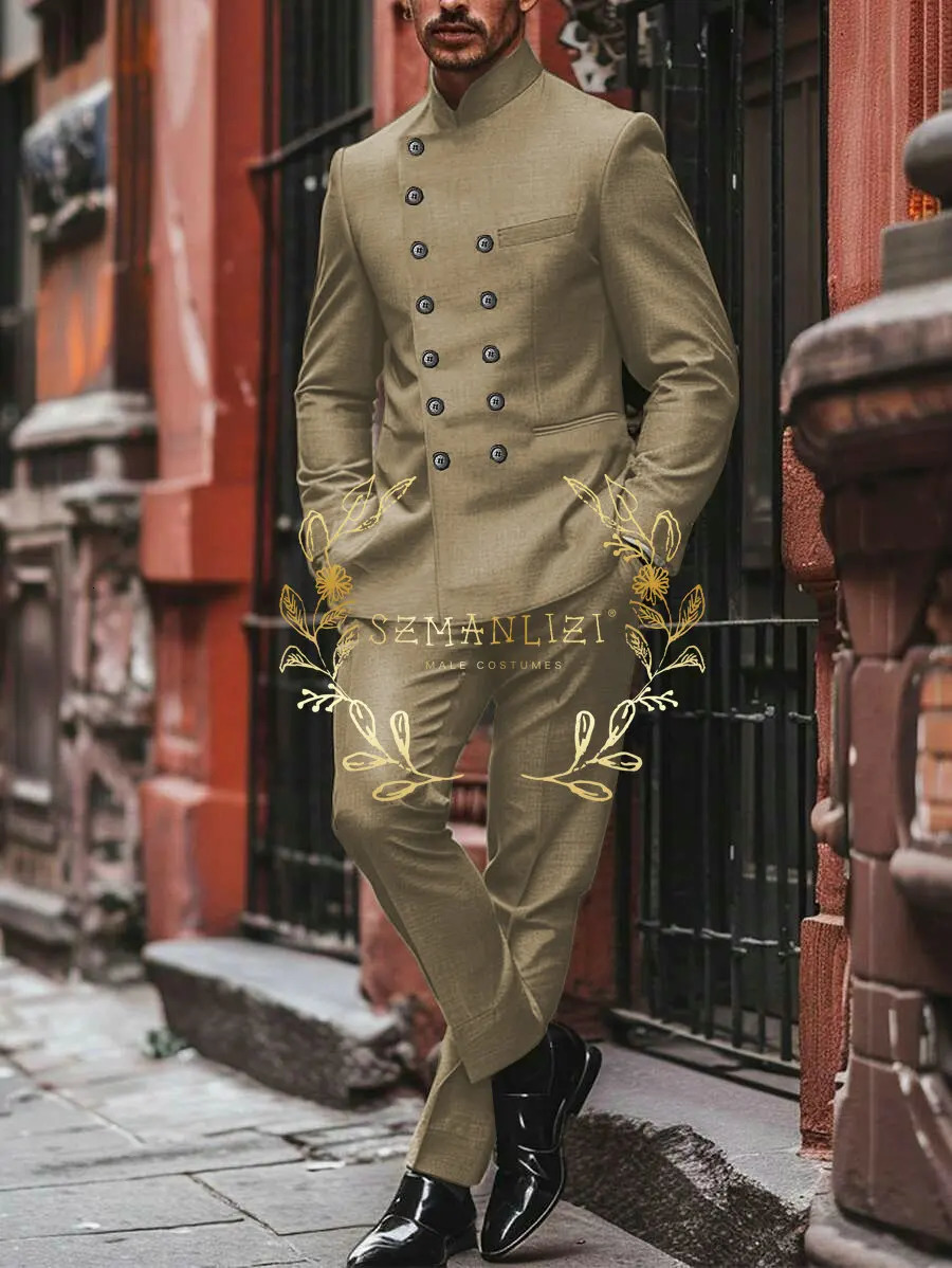 Light Grey Mens Ball Set Double Chest Stand up Collar Slimming Wedding Dress Fashionable 2piece Jacket Pants 250428