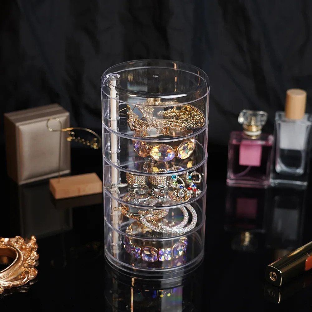 1Pc Stylish Large Capacity 2/3/4/5 Layers Rotating Jewelry Storage Box For Women Transparent Desktop Organizer Dust-proof Hair 250428
