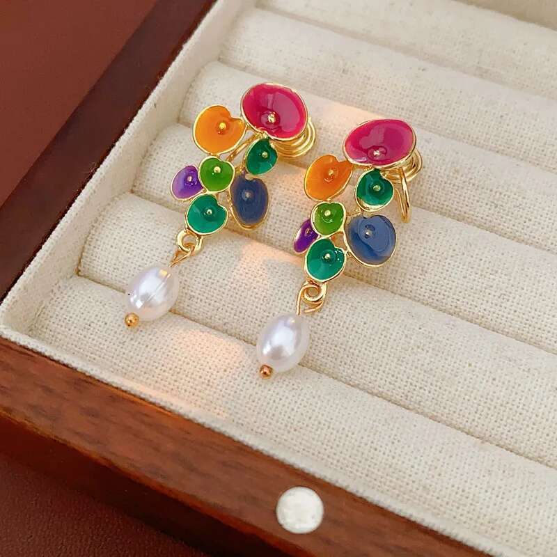 Vintage Earring For Women Oil Lotus Leaf Artificial Pearl Drop Earrings Fashion Light Designer Jewelry