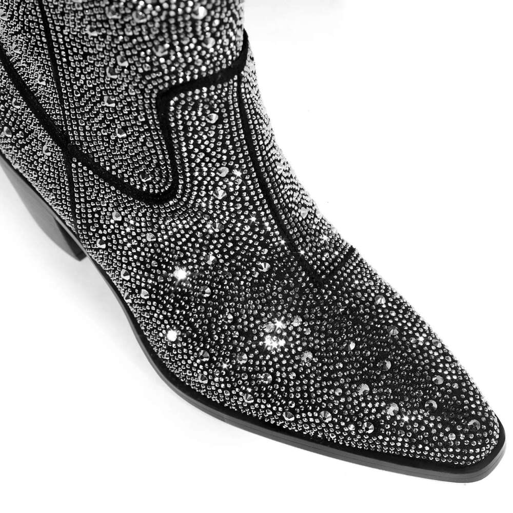 Spring Autumn Fashion Rhinestone Chunky Heel Pointed Toe Comfortable Shoes Women Ankle Boots Shiny