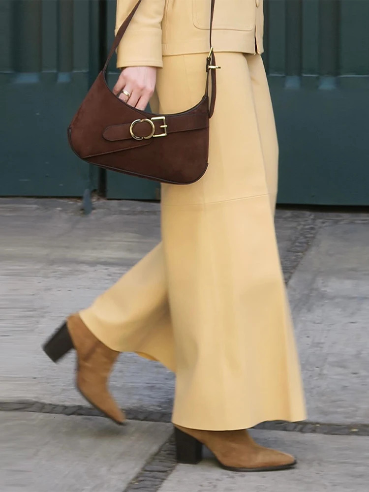 Womens leather twopiece pants set long sleeved elegant womens high waist wide leg Trouser streetwear 250530
