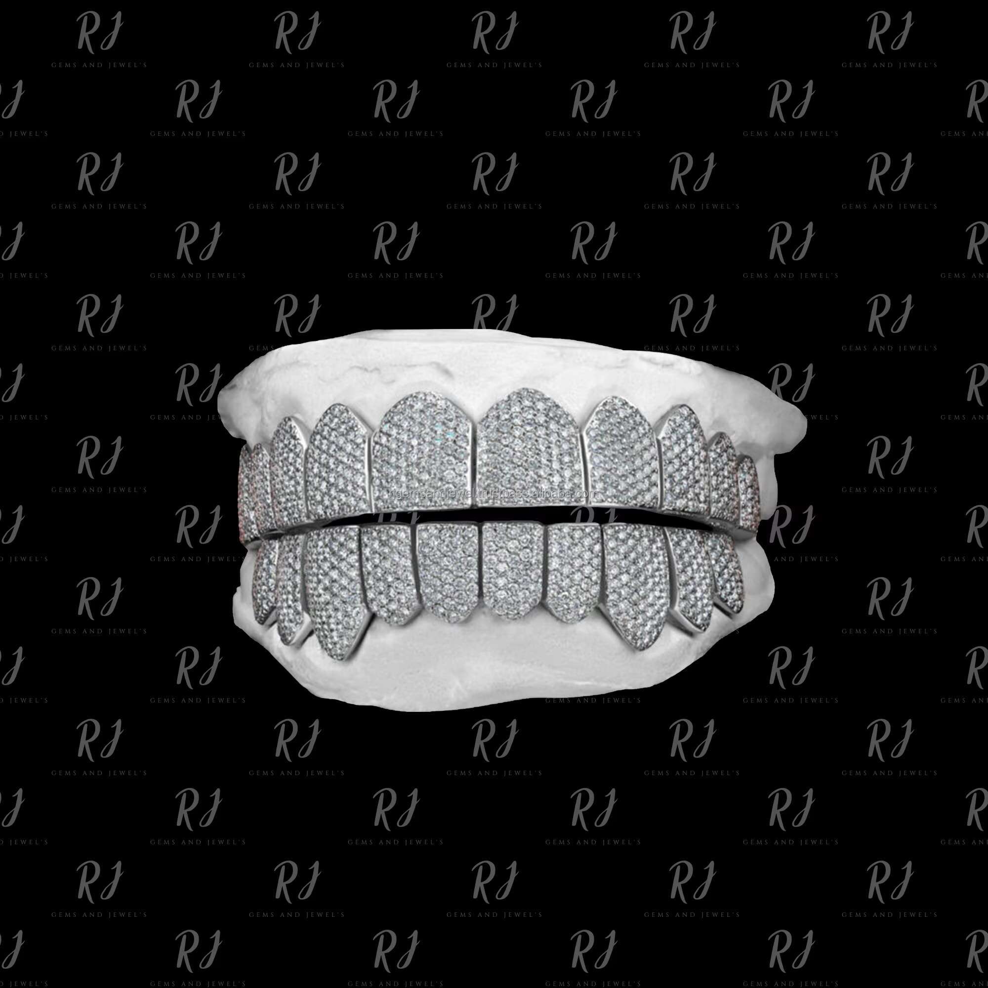 Iced Out Moissanite Diamond Grillz Studded Honeycomb Grillz Top Bottom Grillz in White Yellow Rose Gold